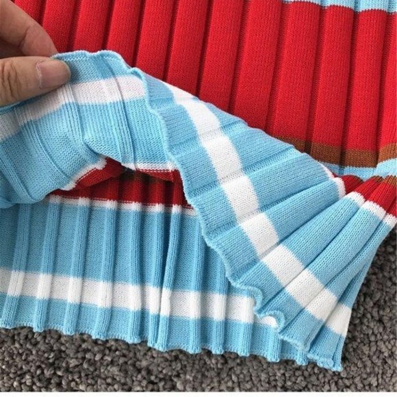 Women Ribbed Woven Bodycon Dress Small S Blue Red White Stretch Wide Stripes - Picture 14 of 15